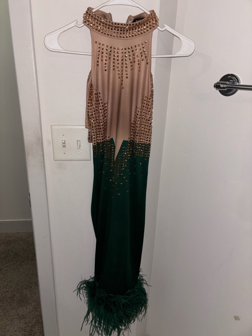 Banjul Nude & Emerald Embellished Halter Prom Dress with Feather Hem